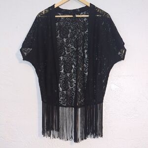Black Lace Whimsigoth Fairy Grunge Fringe Kimono Cardigan Cover Layering Piece M